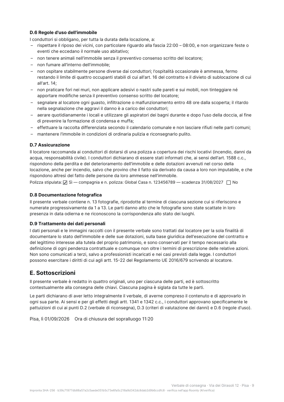 Pagina 9: regole d’uso, assicurazione e documentazione fotografica